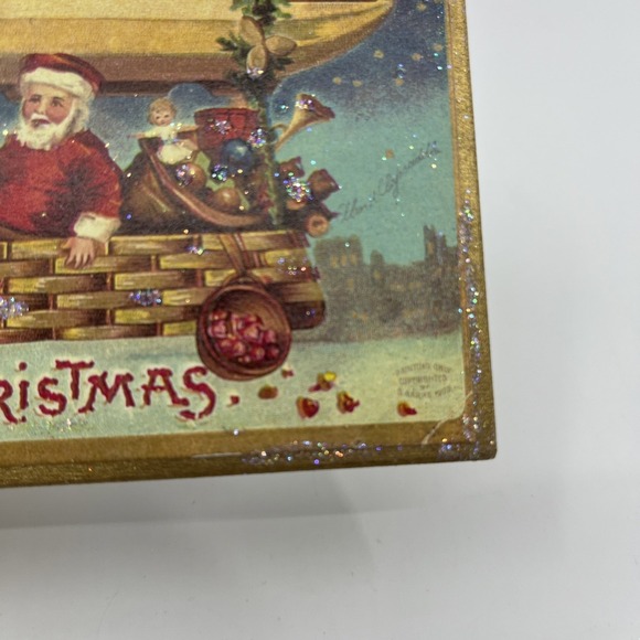 Christmas Postcard 1900s Reprint Handcrafted Wooden Stand Decor Santa‎ Flying - Picture 3 of 8